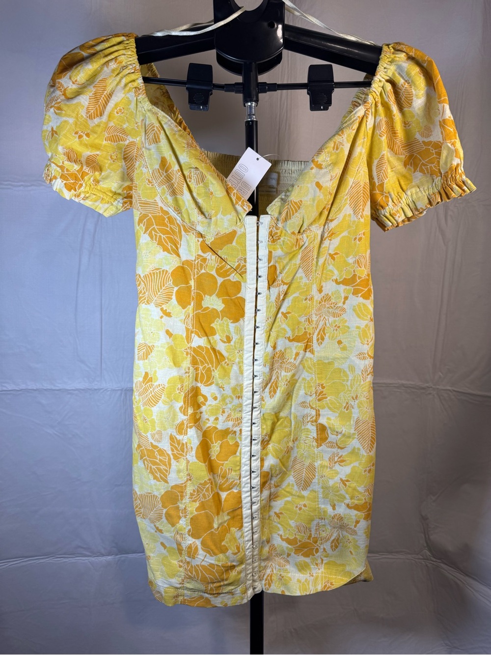 Urban Outfitters NWT Yellow Floral Puff Sleeve Hook Front Mini Dress Size S